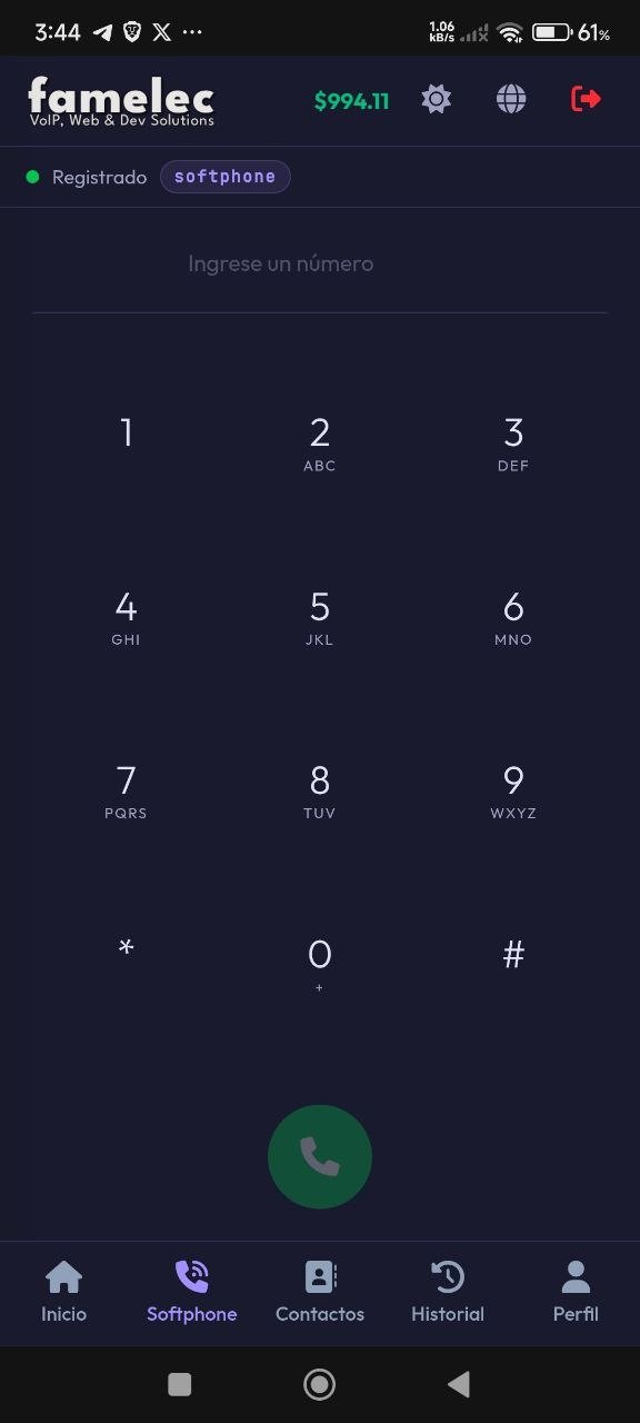 Vista móvil de la plataforma FamVoIP